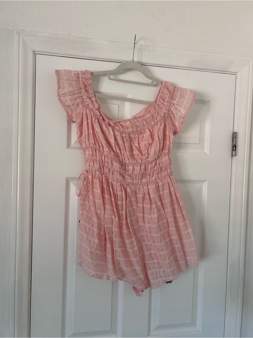 Tularosa Pink Smocked Waist Romper with Ruffle Sleeves